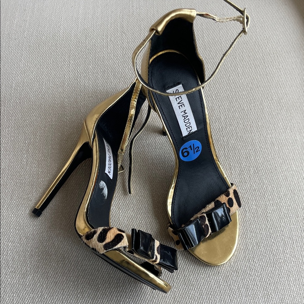 STEVE MADDEN Gold Leopard Calf Hair Heels | Black Patent Bow | NWT | Stilettos